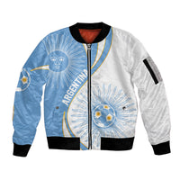 Personalized Argentina Football Fan Pride Sleeve Zip Bomber Jacket Sun Of May Motif With Distressed Textures And Waves