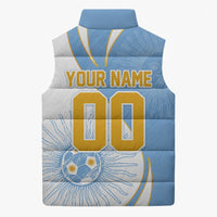 Personalized Argentina Football Fan Pride Sleeveless Puffer Jacket Sun Of May Motif With Distressed Textures And Waves