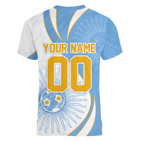 Personalized Argentina Football Fan Pride Women V-Neck T-Shirt Sun Of May Motif With Distressed Textures And Waves