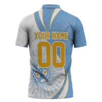 Personalized Argentina Football Fan Pride Zipper Polo Shirt Sun Of May Motif With Distressed Textures And Waves