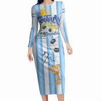 Personalized Argentina Football Fan Long Sleeve Bodycon Dress Sun Of May - Albiceleste Stripes Argentina Flag