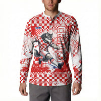 Personalized Croatia Football Wolf Mascot Button Sweatshirt Checkerboard Soccer Pride - Splatter Textures