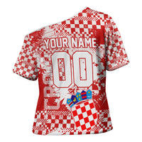 Personalized Croatia Football Wolf Mascot Cross Shoulder Shirt Checkerboard Soccer Pride - Splatter Textures