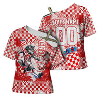 Personalized Croatia Football Wolf Mascot Cross Shoulder Shirt Checkerboard Soccer Pride - Splatter Textures