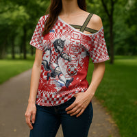 Personalized Croatia Football Wolf Mascot Cross Shoulder Shirt Checkerboard Soccer Pride - Splatter Textures