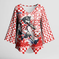 Personalized Croatia Football Wolf Mascot Kimono Sleeve Blouse Checkerboard Soccer Pride - Splatter Textures