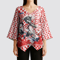 Personalized Croatia Football Wolf Mascot Kimono Sleeve Blouse Checkerboard Soccer Pride - Splatter Textures