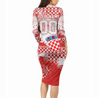 Personalized Croatia Football Wolf Mascot Long Sleeve Bodycon Dress Checkerboard Soccer Pride - Splatter Textures