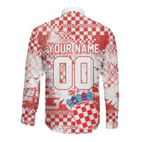 Personalized Croatia Football Wolf Mascot Long Sleeve Button Shirt Checkerboard Soccer Pride - Splatter Textures