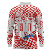Personalized Croatia Football Wolf Mascot Long Sleeve Polo Shirt Checkerboard Soccer Pride - Splatter Textures