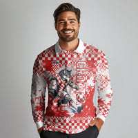 Personalized Croatia Football Wolf Mascot Long Sleeve Polo Shirt Checkerboard Soccer Pride - Splatter Textures