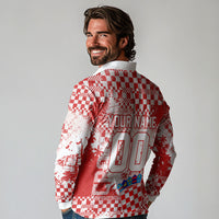 Personalized Croatia Football Wolf Mascot Long Sleeve Polo Shirt Checkerboard Soccer Pride - Splatter Textures