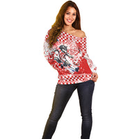 Personalized Croatia Football Wolf Mascot Off Shoulder Sweater Checkerboard Soccer Pride - Splatter Textures