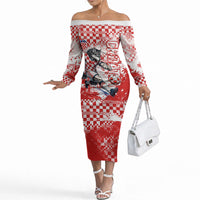 Personalized Croatia Football Wolf Mascot Off The Shoulder Long Sleeve Dress Checkerboard Soccer Pride - Splatter Textures