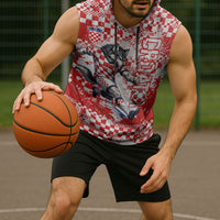 Personalized Croatia Football Wolf Mascot Sleeveless Hoodie Checkerboard Soccer Pride - Splatter Textures