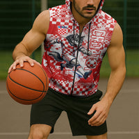 Personalized Croatia Football Wolf Mascot Sleeveless Zip Hoodie Checkerboard Soccer Pride - Splatter Textures