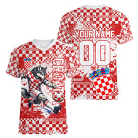 Personalized Croatia Football Wolf Mascot Women V-Neck T-Shirt Checkerboard Soccer Pride - Splatter Textures