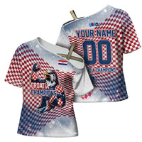 Personalized Croatia Football Eagle Mascot Cross Shoulder Shirt Checkerboard Pattern - Accent Splatters