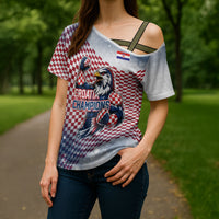 Personalized Croatia Football Eagle Mascot Cross Shoulder Shirt Checkerboard Pattern - Accent Splatters