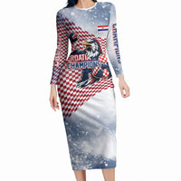 Personalized Croatia Football Eagle Mascot Long Sleeve Bodycon Dress Checkerboard Pattern - Accent Splatters
