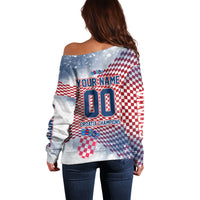 Personalized Croatia Football Eagle Mascot Off Shoulder Sweater Checkerboard Pattern - Accent Splatters