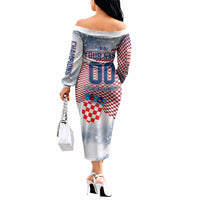 Personalized Croatia Football Eagle Mascot Off The Shoulder Long Sleeve Dress Checkerboard Pattern - Accent Splatters