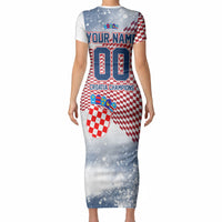 Personalized Croatia Football Eagle Mascot Short Sleeve Bodycon Dress Checkerboard Pattern - Accent Splatters