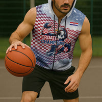 Personalized Croatia Football Eagle Mascot Sleeveless Zip Hoodie Checkerboard Pattern - Accent Splatters