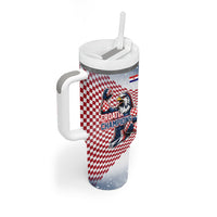 Personalized Croatia Football Eagle Mascot Tumbler With Handle Checkerboard Pattern - Accent Splatters