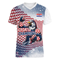 Personalized Croatia Football Eagle Mascot Women V-Neck T-Shirt Checkerboard Pattern - Accent Splatters