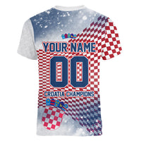 Personalized Croatia Football Eagle Mascot Women V-Neck T-Shirt Checkerboard Pattern - Accent Splatters