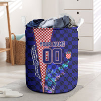 Personalized Croatia Football Laundry Basket Checkerboard Graphic - Golden Champion Trophy And Flag