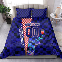 Personalized Croatia Football Bedding Set Checkerboard Graphic - Golden Champion Trophy And Flag