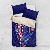 Personalized Croatia Football Bedding Set Checkerboard Graphic - Golden Champion Trophy And Flag