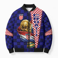 Personalized Croatia Football Bomber Puffer Jacket Checkerboard Graphic - Golden Champion Trophy And Flag