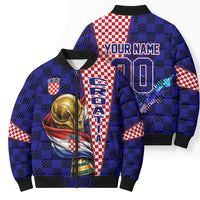 Personalized Croatia Football Bomber Puffer Jacket Checkerboard Graphic - Golden Champion Trophy And Flag