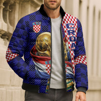 Personalized Croatia Football Bomber Puffer Jacket Checkerboard Graphic - Golden Champion Trophy And Flag