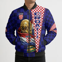 Personalized Croatia Football Bomber Puffer Jacket Checkerboard Graphic - Golden Champion Trophy And Flag