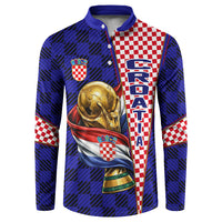 Personalized Croatia Football Button Sweatshirt Checkerboard Graphic - Golden Champion Trophy And Flag