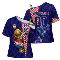 Personalized Croatia Football Cross Shoulder Shirt Checkerboard Graphic - Golden Champion Trophy And Flag