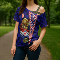 Personalized Croatia Football Cross Shoulder Shirt Checkerboard Graphic - Golden Champion Trophy And Flag