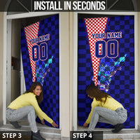 Personalized Croatia Football Door Cover Checkerboard Graphic - Golden Champion Trophy And Flag