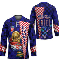 Personalized Croatia Football Hockey Jersey Checkerboard Graphic - Golden Champion Trophy And Flag