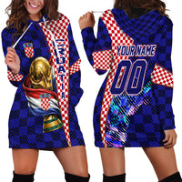 Personalized Croatia Football Hoodie Dress Checkerboard Graphic - Golden Champion Trophy And Flag