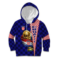 Personalized Croatia Football Kid Hoodie Checkerboard Graphic - Golden Champion Trophy And Flag
