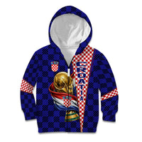 Personalized Croatia Football Kid Hoodie Checkerboard Graphic - Golden Champion Trophy And Flag