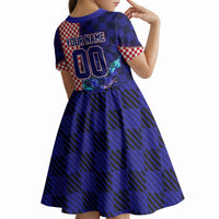 Personalized Croatia Football Kid Short Sleeve Dress Checkerboard Graphic - Golden Champion Trophy And Flag