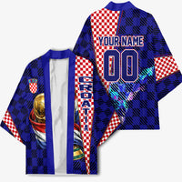 Personalized Croatia Football Kimono Checkerboard Graphic - Golden Champion Trophy And Flag