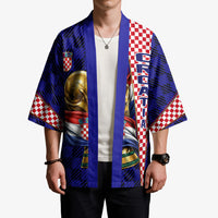 Personalized Croatia Football Kimono Checkerboard Graphic - Golden Champion Trophy And Flag