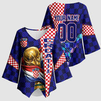 Personalized Croatia Football Kimono Sleeve Blouse Checkerboard Graphic - Golden Champion Trophy And Flag